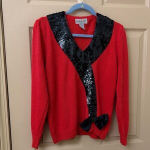 Vintage Lauren Cole  Valentine  Red and Black Sequin V-Neck Sweater